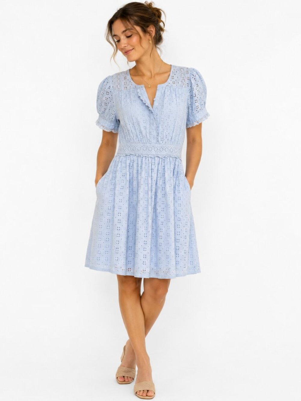 J.Crew Baby Blue Eyelet Dress Size 4 Cotton Lined Pockets Cottagecore Midi